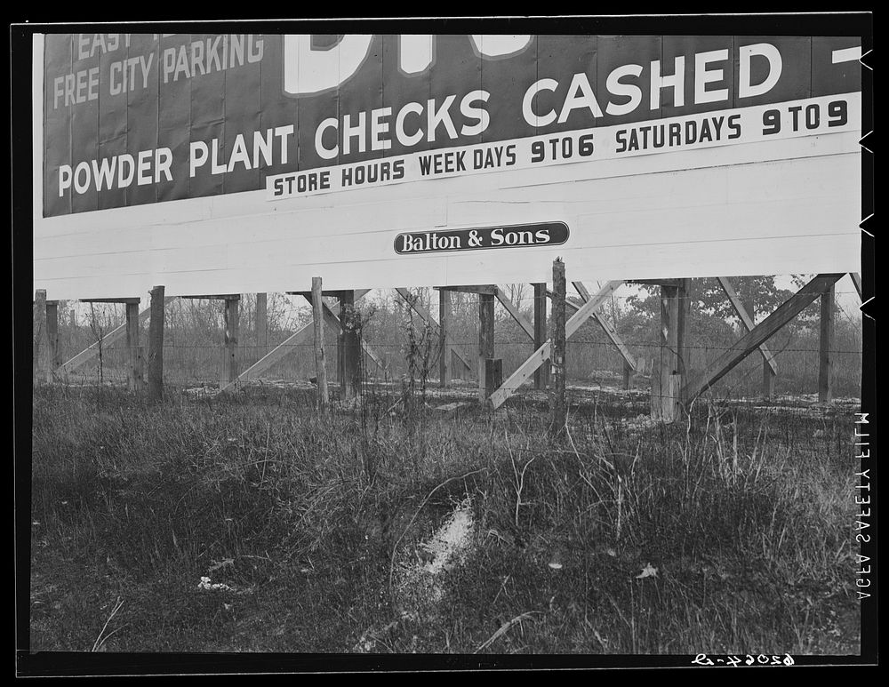 [Untitled photo, possibly related to: Advertisement of department store on road into Memphis from Millington, Tennessee…