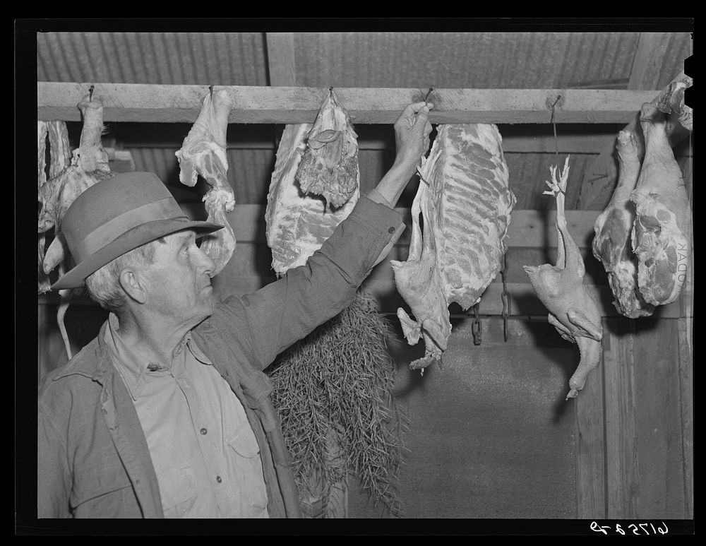 Meat in store shed of Ozark farm. Oregon County, Missouri. Sourced from the Library of Congress.