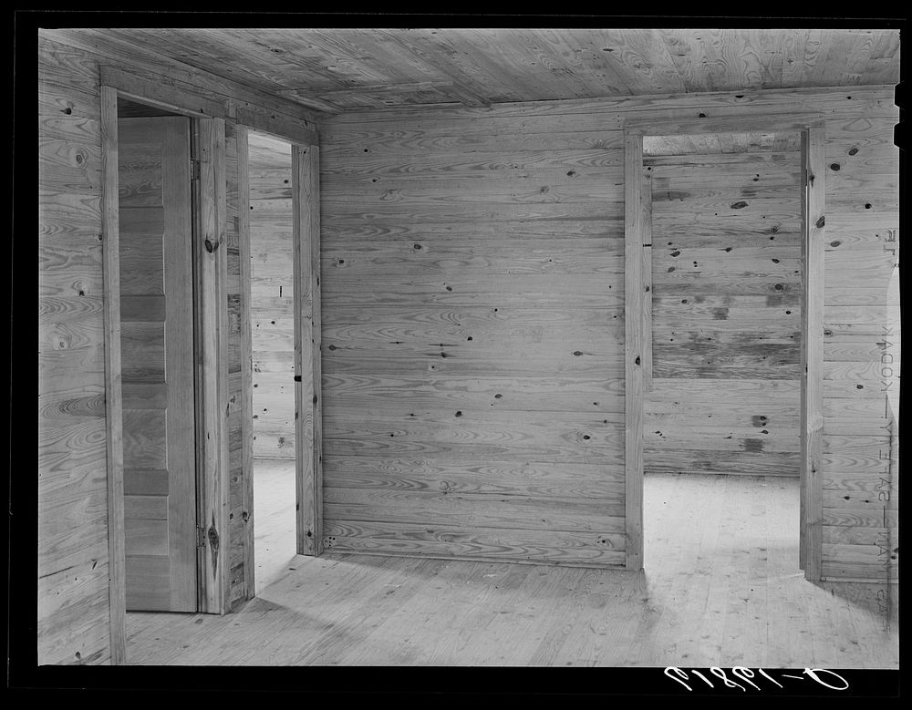 Interior of one of the group labor homes built by FSA (Farm Security Administration) in New Madrid County, Missouri for…