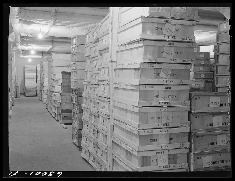 Boxed poultry in storage at twenty-four degrees below zero. Fulton Market cold storage plant, Chicago, Illinois. Sourced…