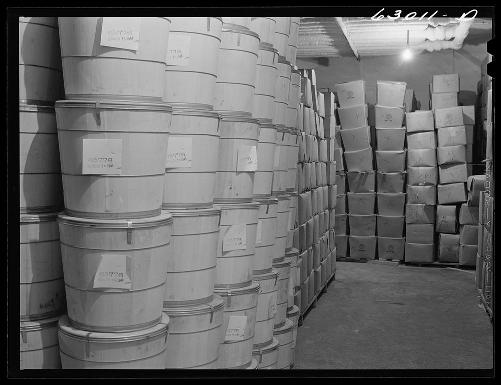 [Untitled photo, possibly related to: Butter in storage at Fulton Market cold storage plant. Chicago, Illinois]. Sourced…