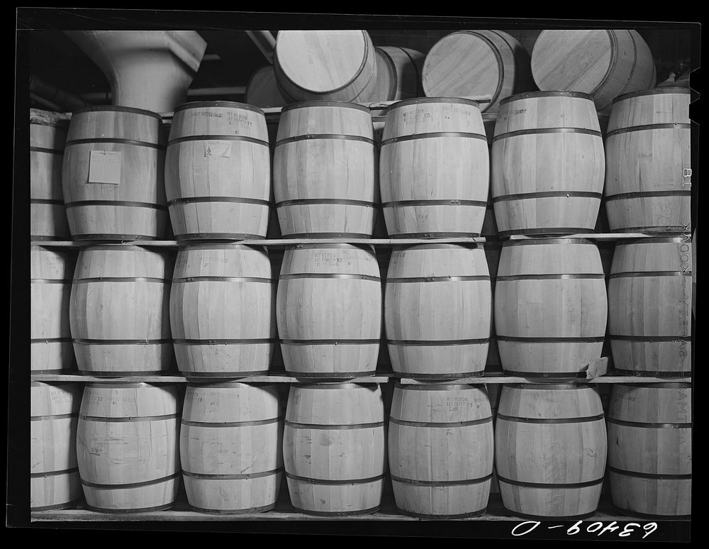 Barrels of powdered milk. Land O'Lakes plant, Minneapolis, Minnesota. Sourced from the Library of Congress.