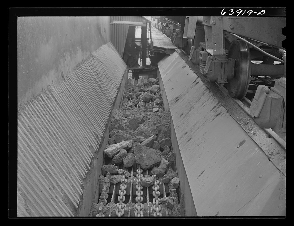 At concentration plant iron ore is first dumped onto these shams which help separate rock from ore. Near Bovey, Minnesota.…