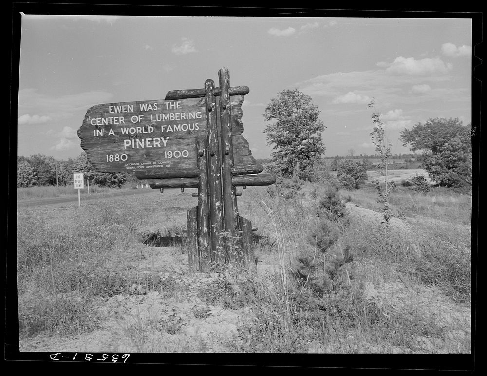 Sign on outskirts of Ewen, Michigan, on the upper penninsula. Sourced from the Library of Congress.