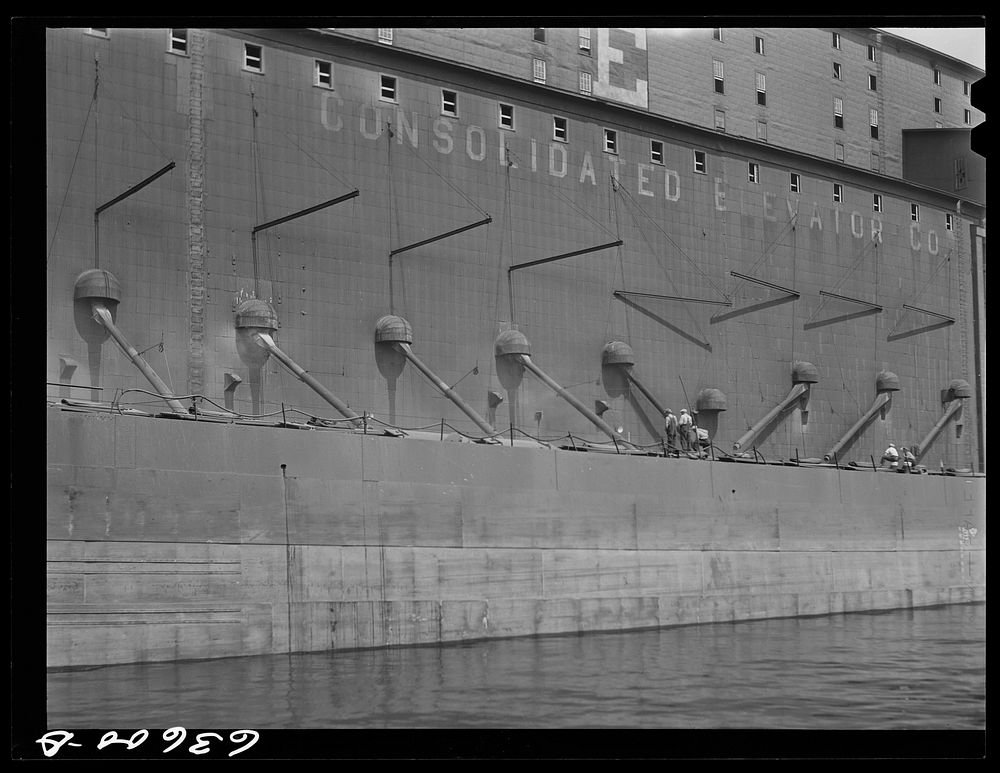 Loading grain boat at Consolidated elevator "E". Duluth, Minnesota. Sourced from the Library of Congress.