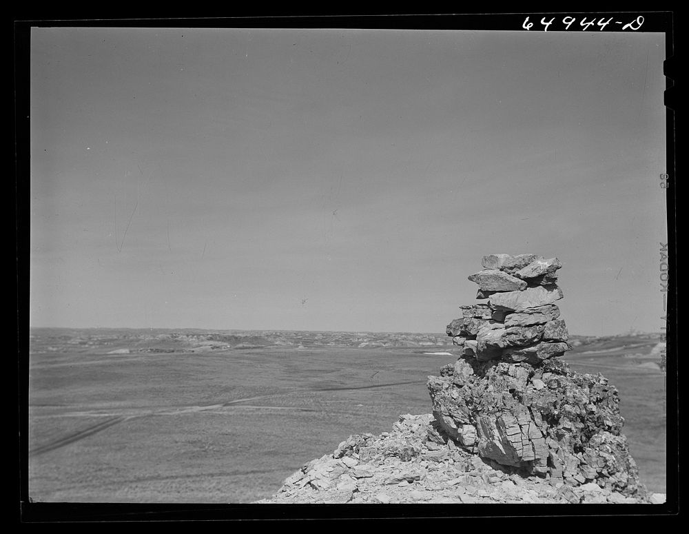 McCone County, Montana. Sheepherders' monument from top of a butte. These monuments formerly indicated that there was water…
