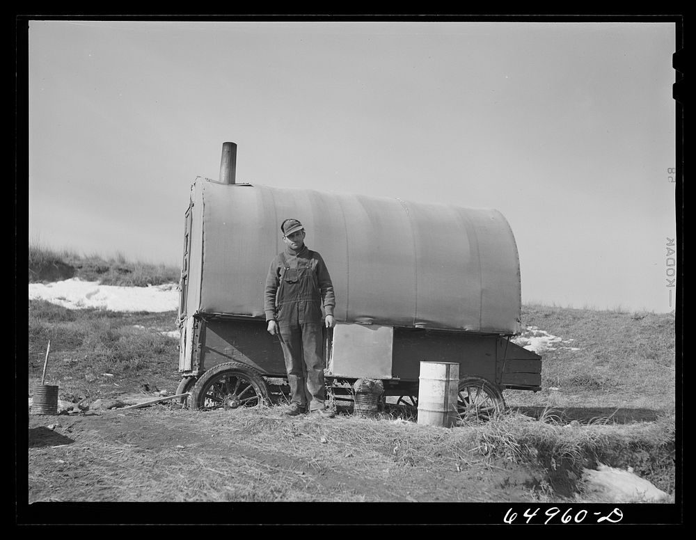 [Untitled photo, possibly related to: McCone County, Montana. Coal miner who lives in a sheep wagon, and operates this mine…