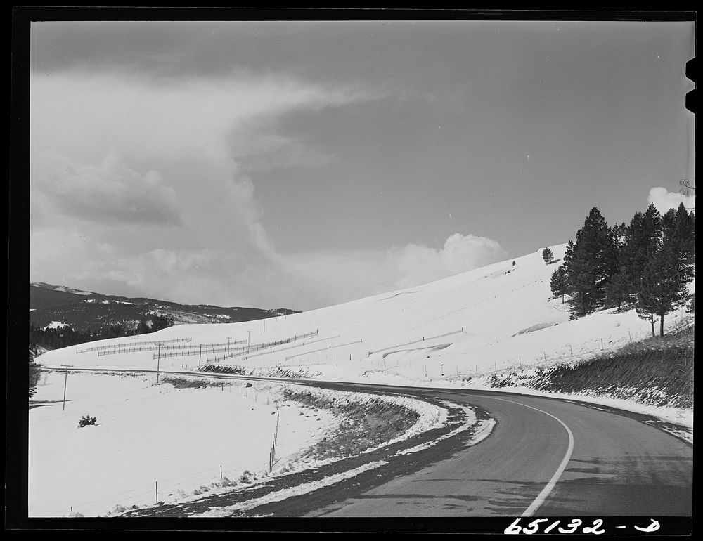 Powell County, Montana. Snow fences along U.S. Highway No. 10. Sourced from the Library of Congress.