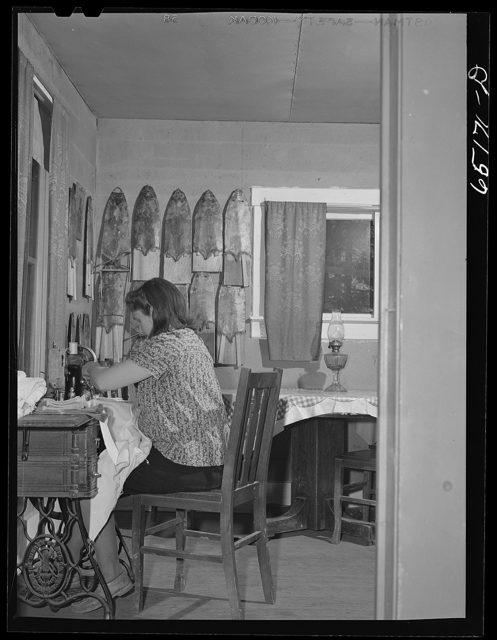 Flathead Valley special area project, Montana. Mrs. Lawrence Thompson sewing. The muskrat skins on the wall were trapped by…
