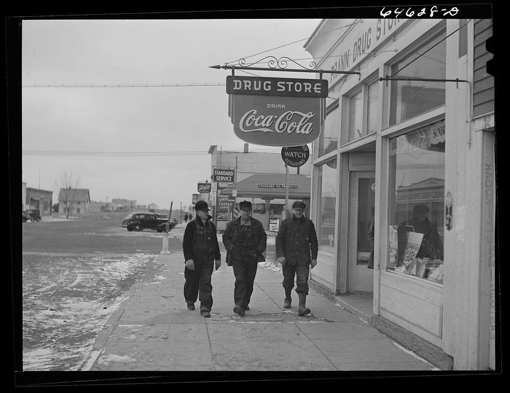 Timber Lake, South Dakota. Street scene, three workmen. Sourced from the Library of Congress.