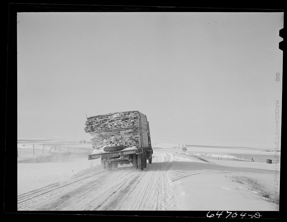 Hettinger County, North Dakota. Lumber truck on the treeless plains. Sourced from the Library of Congress.