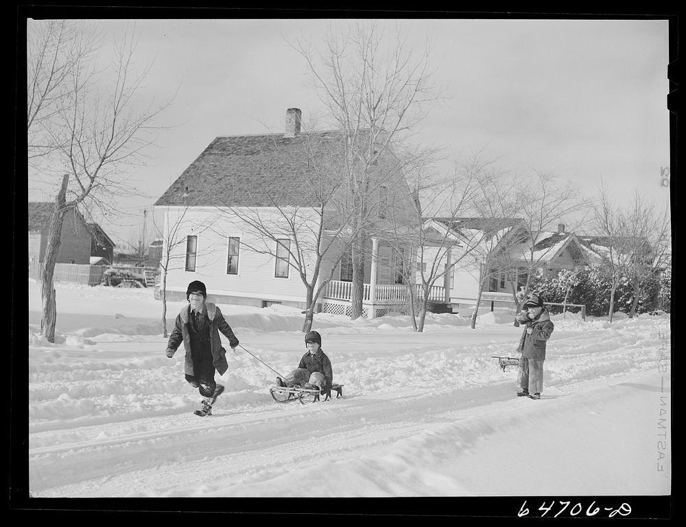 Richardton, North Dakota. Boys playing in the snow. Sourced from the Library of Congress.