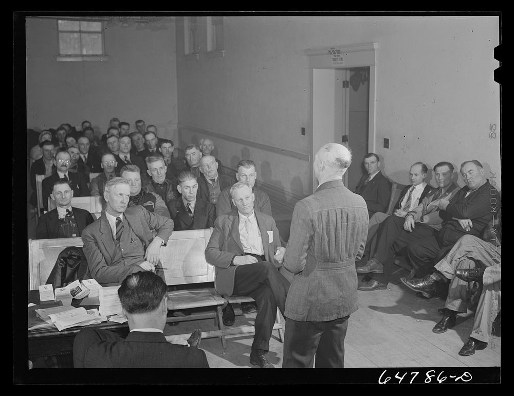 Williston, North Dakota. Farmers' union meeting with the county commissioners to protest the selling of land to corporation…