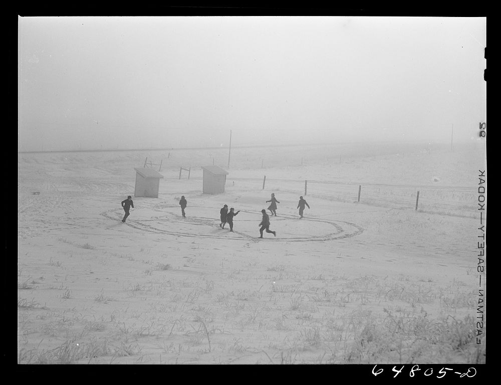 Morton County, North Dakota. Playing "cut the pie" or "fox and geese" at noon recess at a rural school. Sourced from the…
