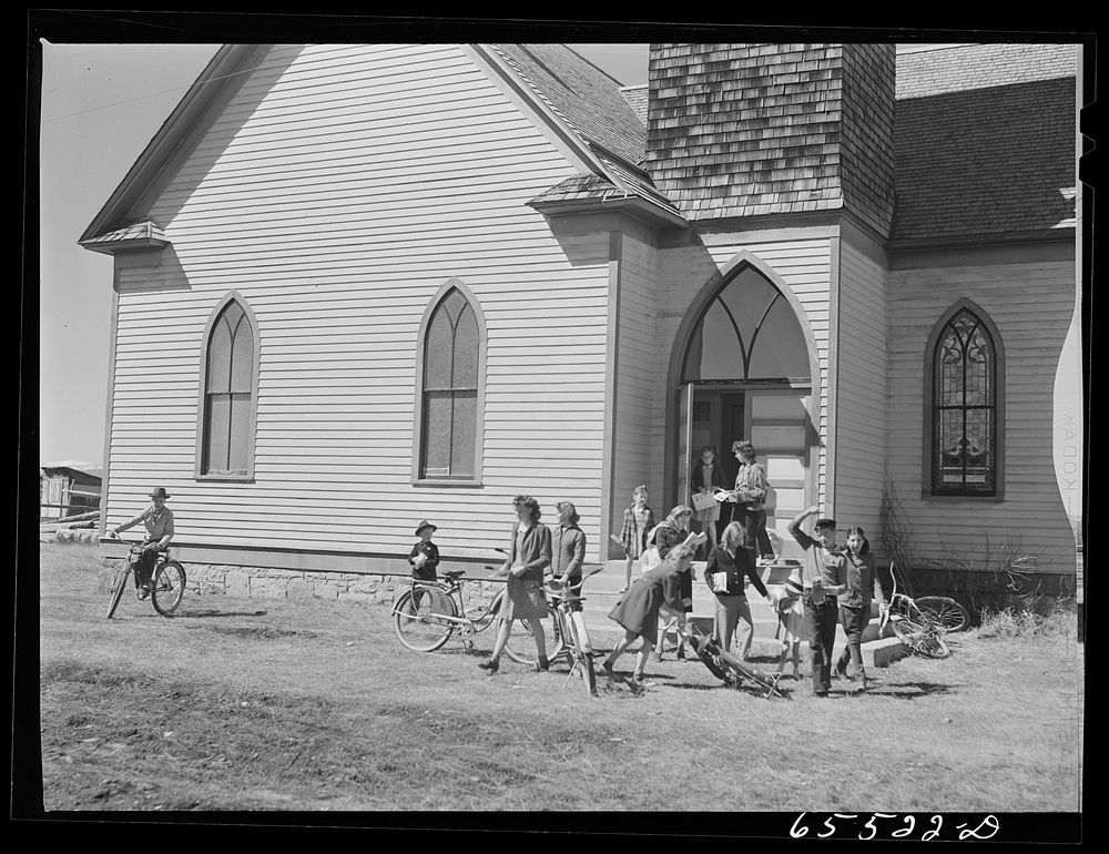 Wisdom, Montana. Children coming out from Sunday school. Sourced from the Library of Congress.