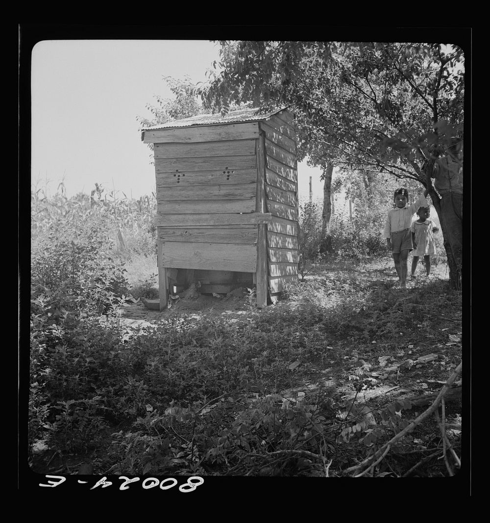 [Untitled photo, possibly related to: Little John Fredrick stands on the outside "where the flies ain't so bad." John…