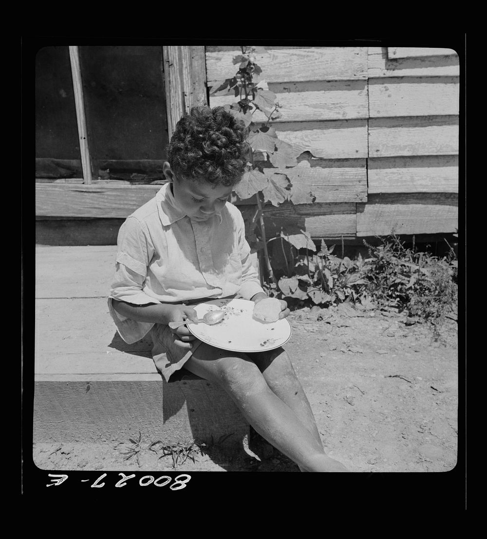 John Fredrick's son eating his lunch in the sun. Charles County, Maryland, near La Plata, Maryland. Sourced from the Library…