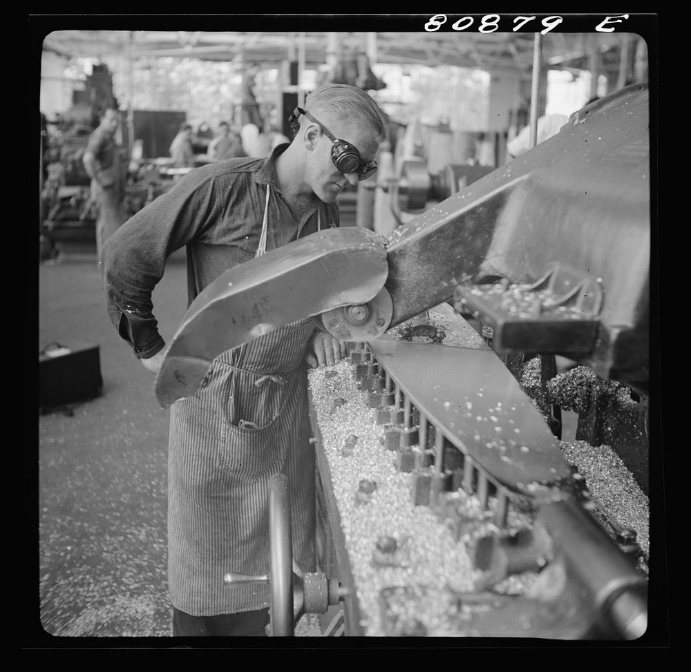 Profiler shaping the curve of propeller blade. Hamilton Propeller plant. East Hartford, Connecticut. Sourced from the…