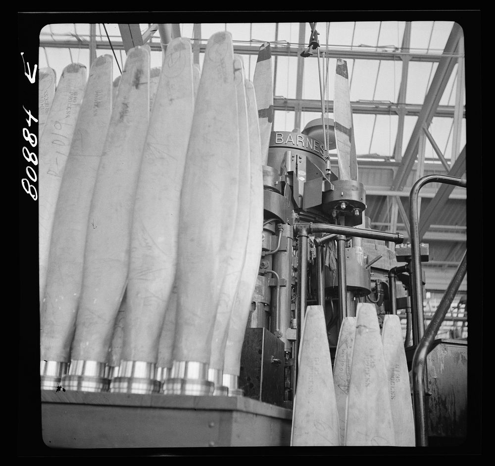 [Untitled photo, possibly related to: Blade reamer. Hamilton Propeller plant, East Hartford, Connecticut]. Sourced from the…