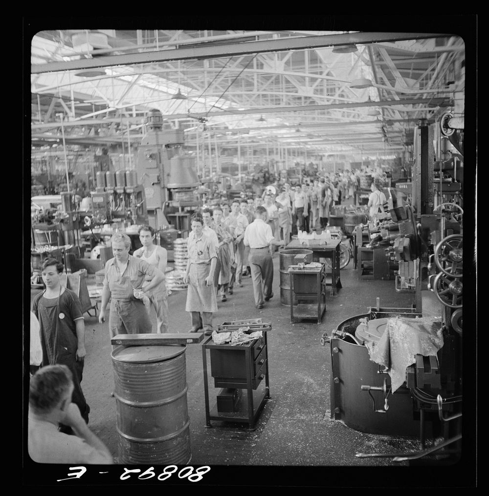 The three o'clock shift on way out. Pratt and Whitney Aircraft Corporation. East Hartford, Connecticut. Sourced from the…
