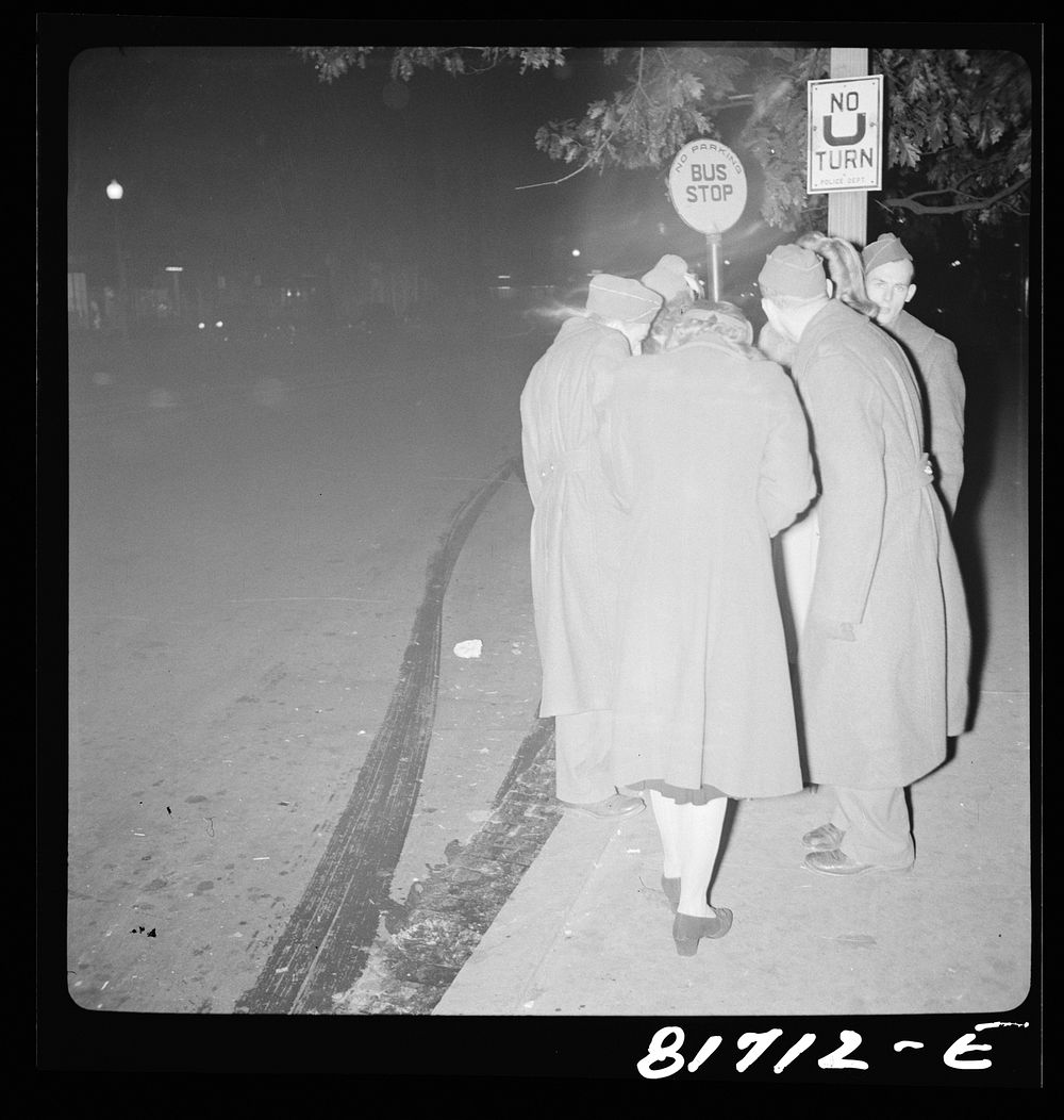 [Untitled photo, possibly related to: Servicemen waiting for bus at 11:00 p.m. Washington, D.C.]. Sourced from the Library…