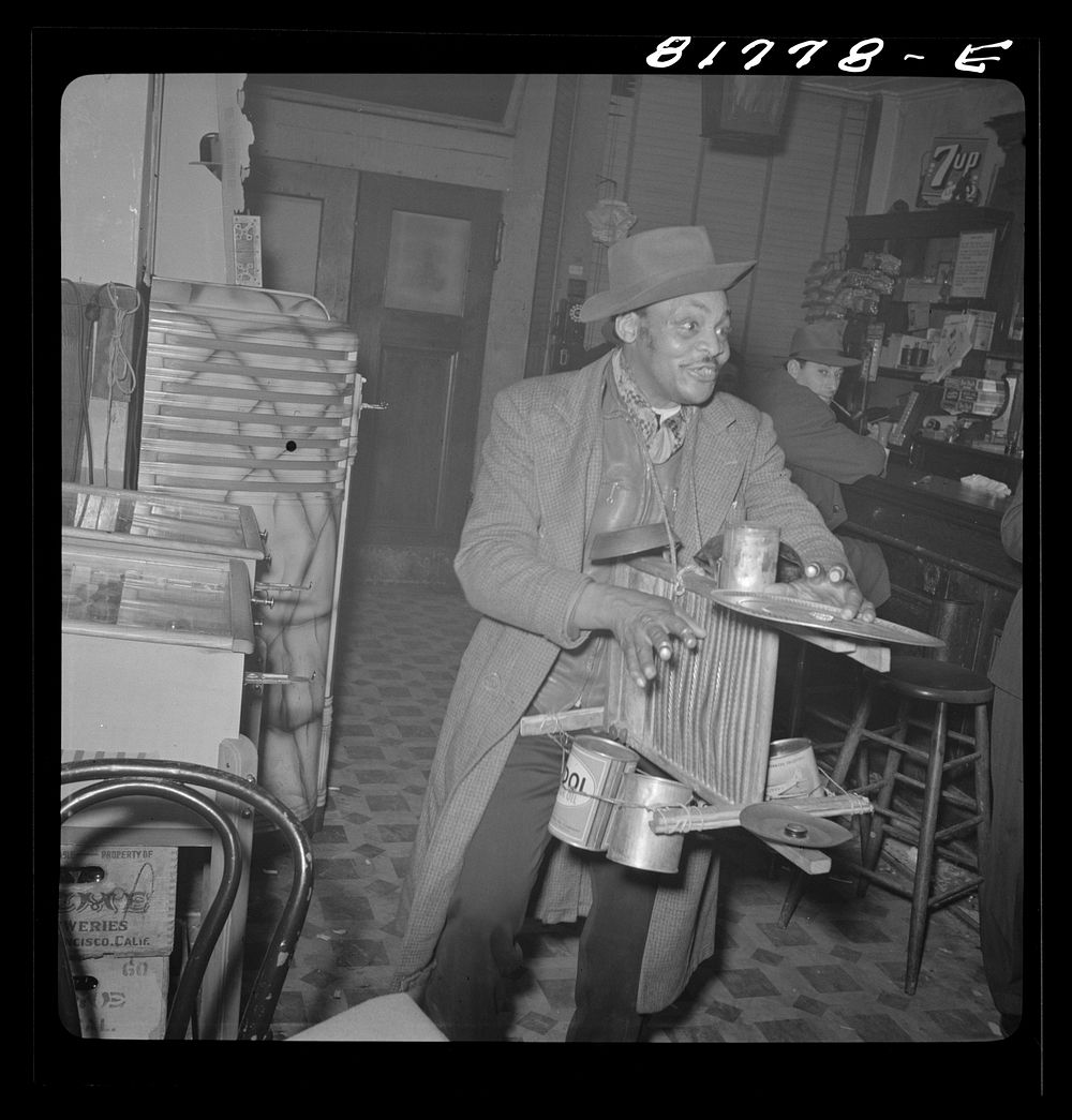 One man tin can band during out. San Francisco, California. Sourced from the Library of Congress.