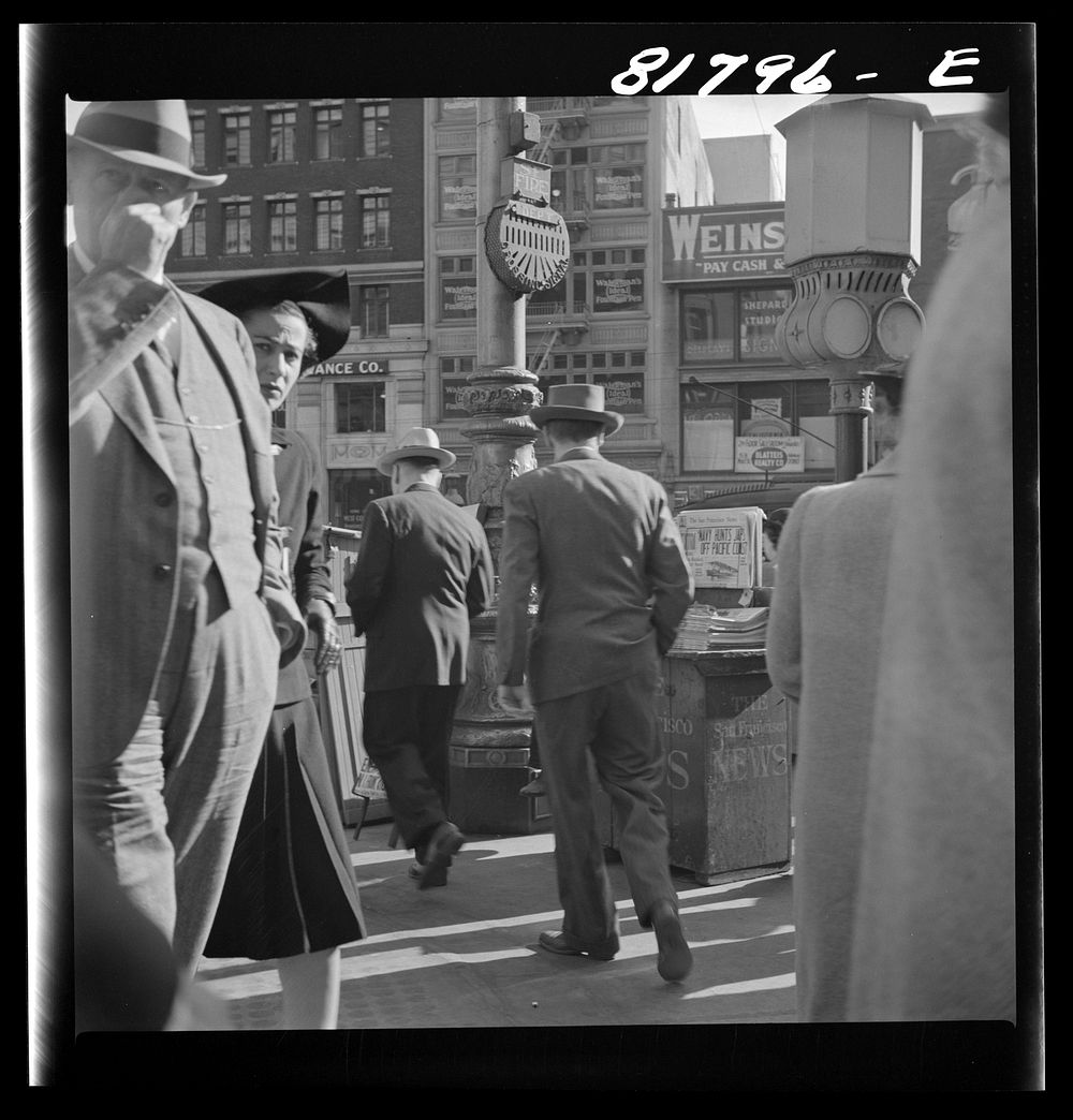 [Untitled photo, possibly related to: Corner of Montgomery and Market Streets, San Francisco, California. Monday morning…