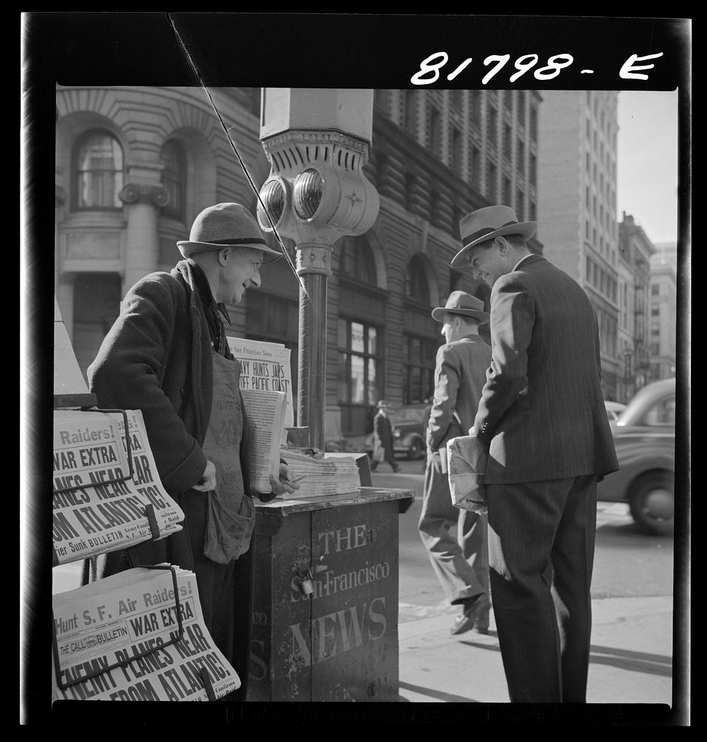 Corner of Montgomery and Market Streets, San Francisco, California. Monday morning December 8, 1941, day after Japanese…