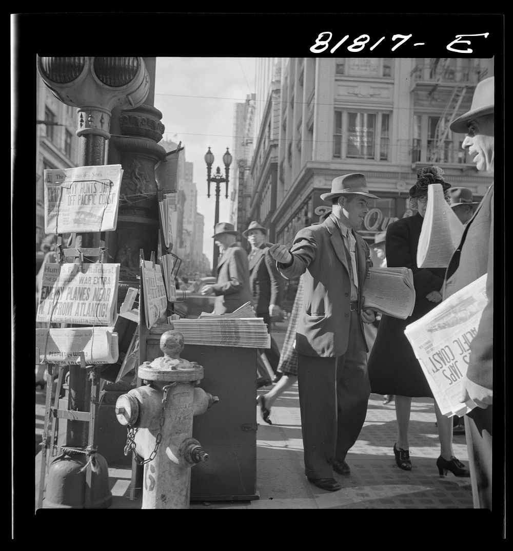 Corner of Montgomery and Market Streets, Monday morning, after Japanese attack on Pearl Harbor. San Francisco, California.…