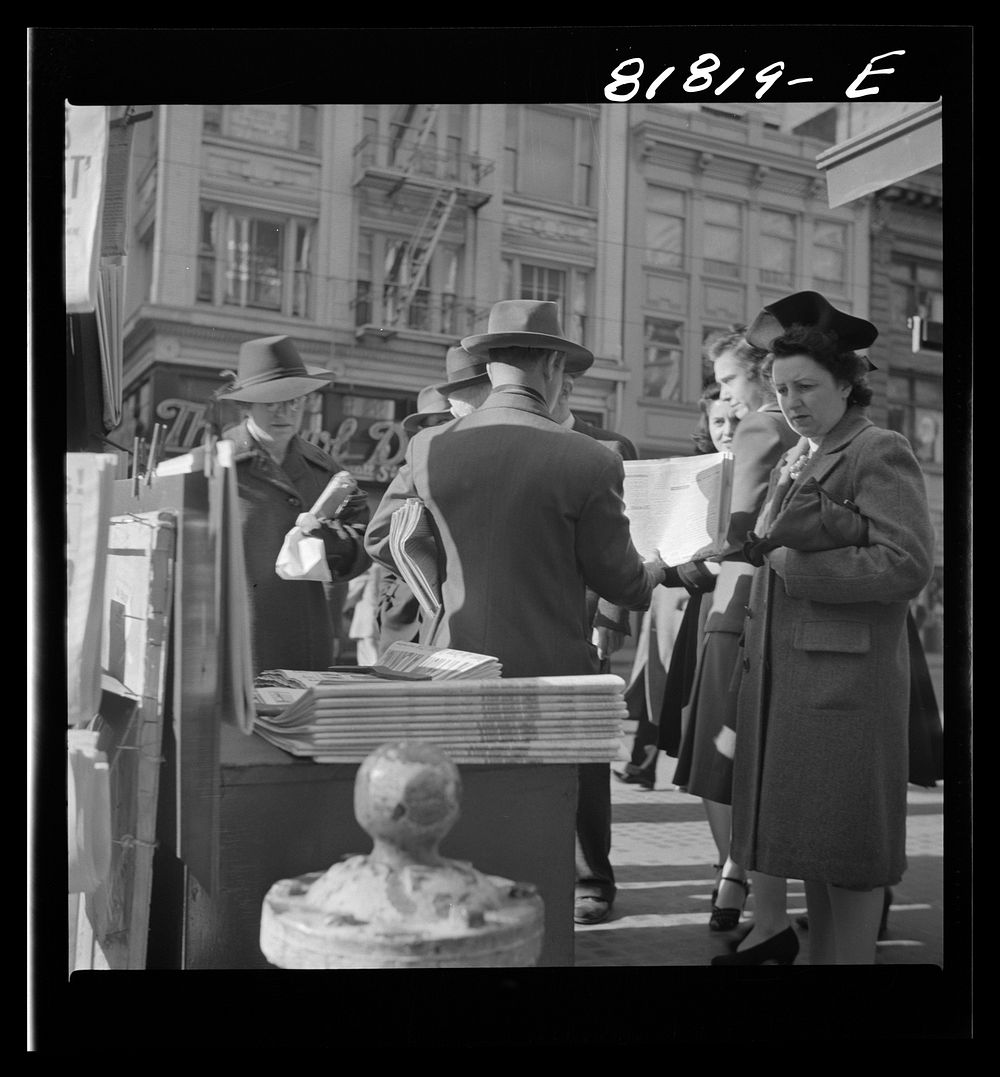 [Untitled photo, possibly related to: Corner of Montgomery and Market Streets, Monday morning, after Japanese attack on…