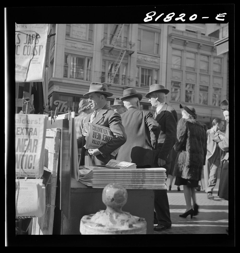 [Untitled photo, possibly related to: Corner of Montgomery and Market Streets, Monday morning, after Japanese attack on…