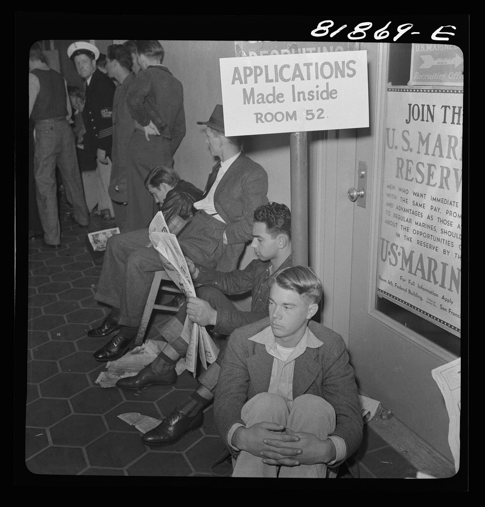 Waiting to enlist at recruiting headquarters. San Francisco, California. Sourced from the Library of Congress.