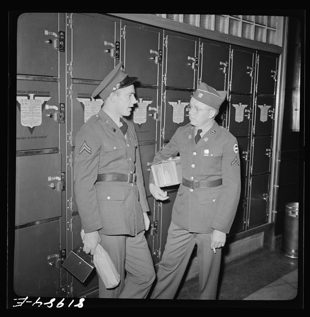 Servicemen by lockers. Greyhound bus depot, Washington, D.C.. Sourced from the Library of Congress.