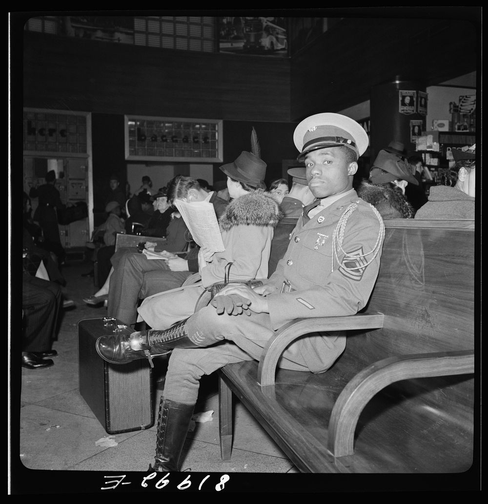 [Untitled photo, possibly related to: Washington, D.C. Christmas rush in the Greyhound bus terminal.  soldiers waiting for a…