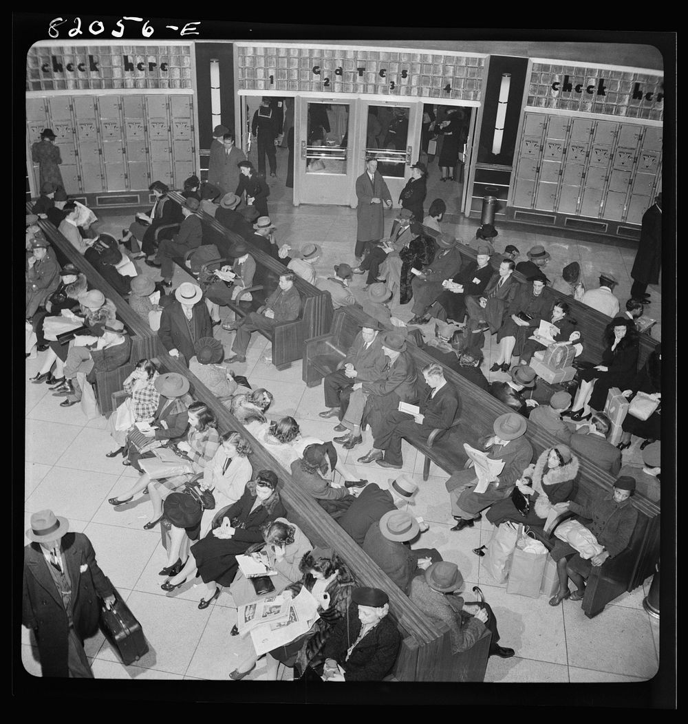 Washington, D.C. Christmas rush in the Greyhound bus terminal. Passengers waiting for buses. Sourced from the Library of…
