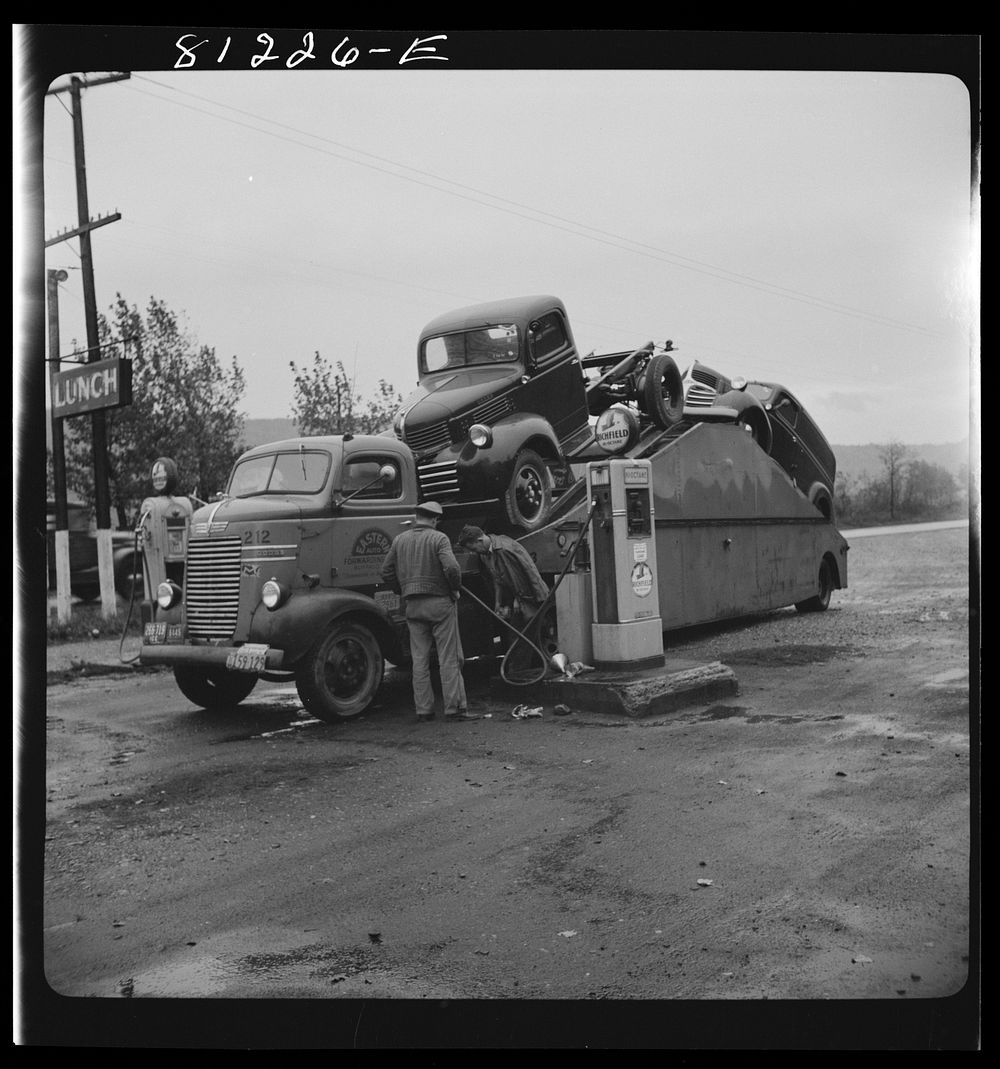 Car transport filling up with gas at Little Falls, New York. Sourced from the Library of Congress.