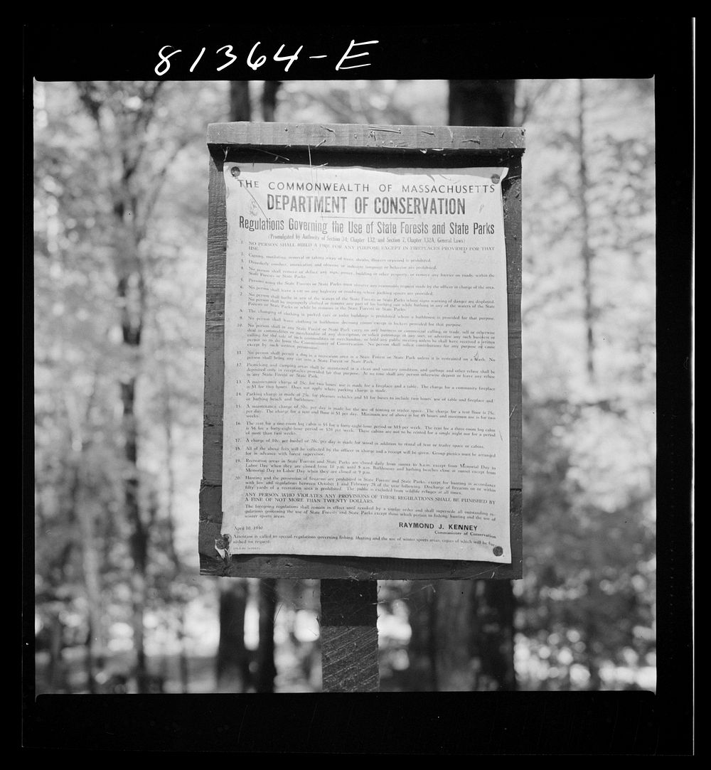 Mohawk Trail state-owned camp and picnic site rules and regulations. Massachusetts. Sourced from the Library of Congress.