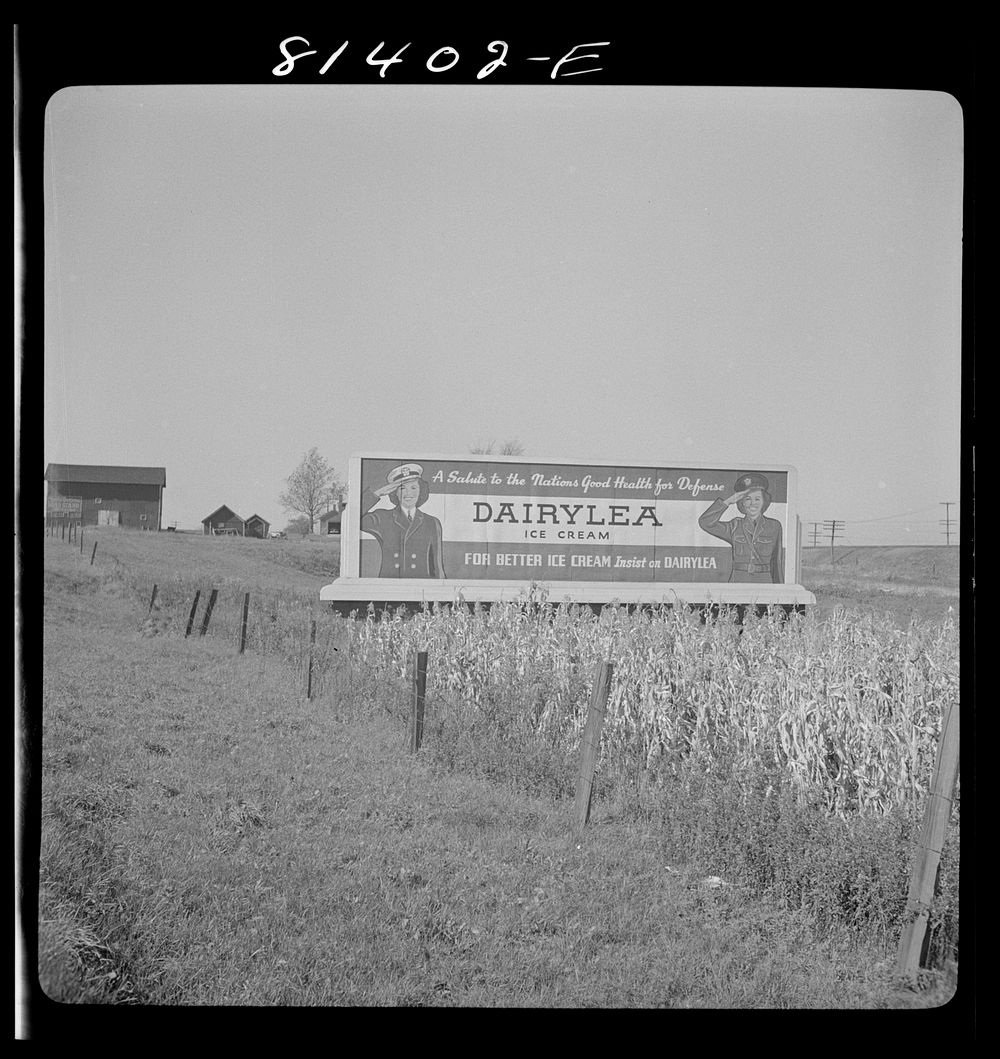 Patriotic slogan in ice cream advertising near Utica, New York. Sourced from the Library of Congress.