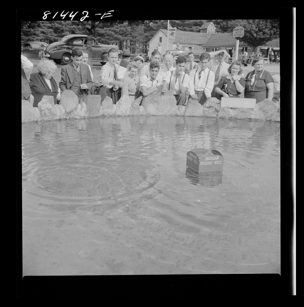 Wishing well: throw your penny in the box and you get your wish. At Mohawk Trail, Massachusetts. Sourced from the Library of…