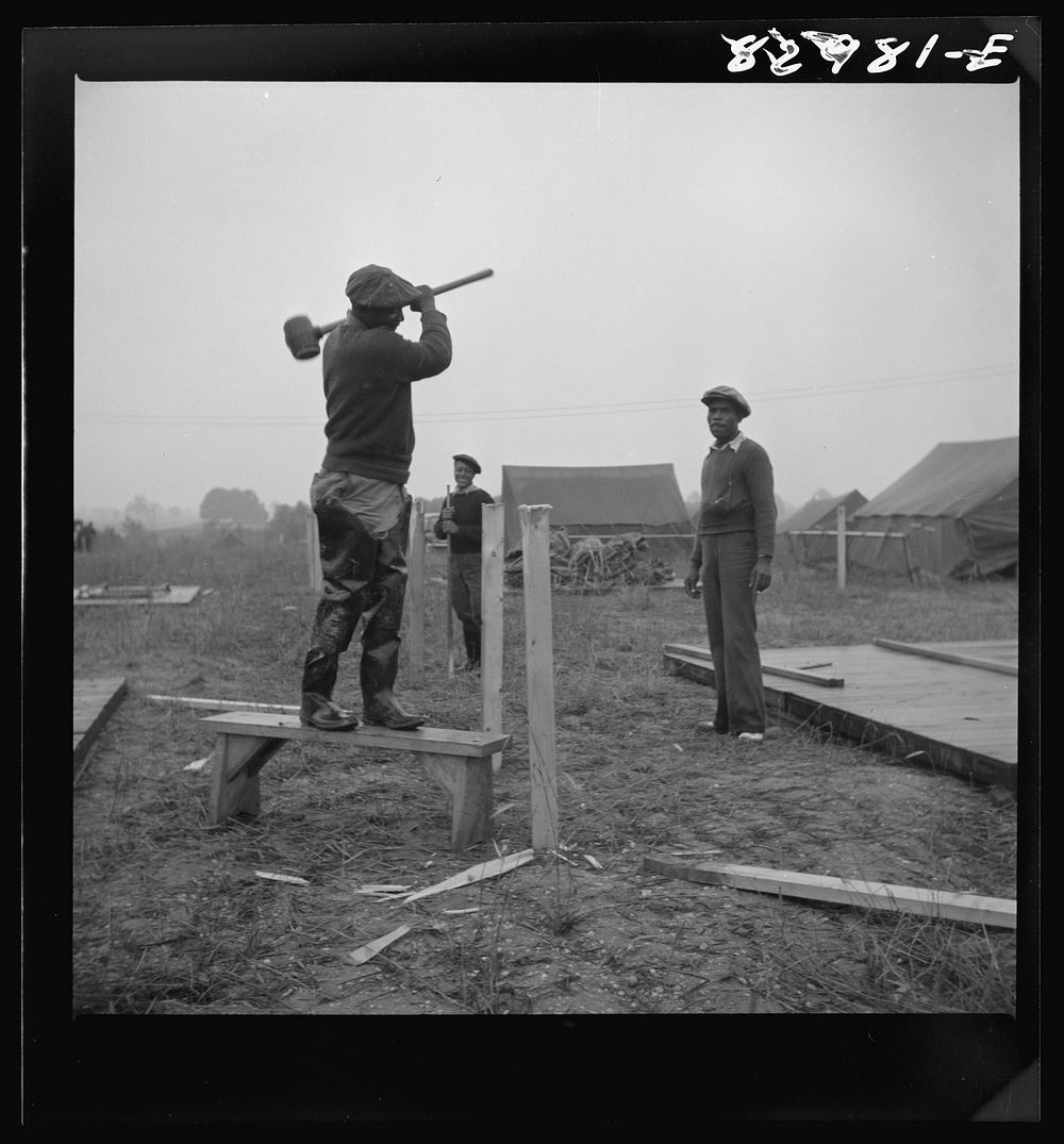 Bridgeton, New Jersey. FSA (Farm Security Administration) agricultural workers' camp. Driving tent stakes. Sourced from the…