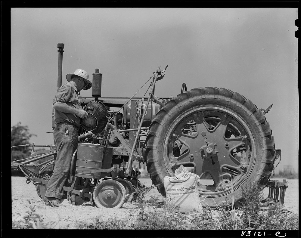 Bridgeton, New Jersey. Seabrook Farm. Loading a seeder. Sourced from the Library of Congress.