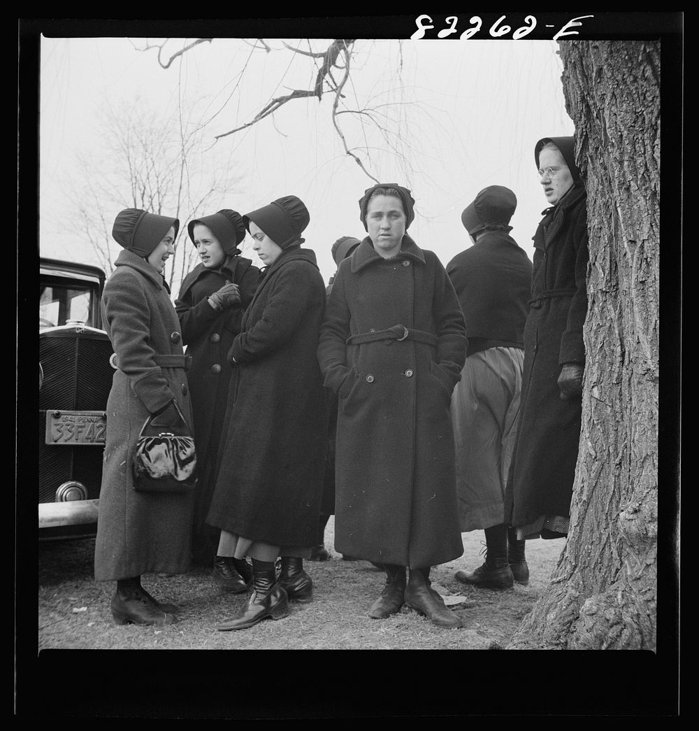 Lancaster County, Pennsylvania. Amish women attending farm auction by John Collier Jr.