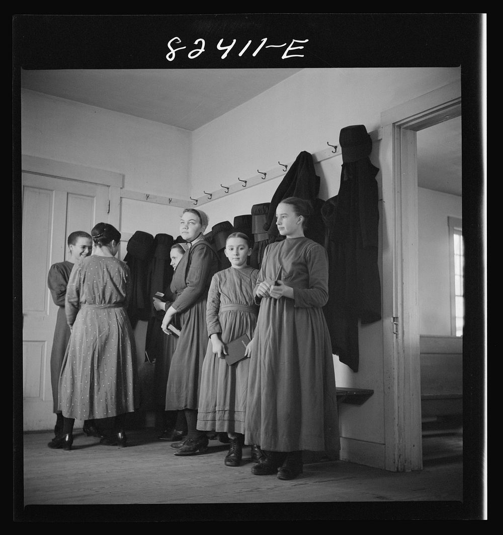 Hinkletown, Pennsylvania (vicinity). Mennonite girls waiting to enter "Deutsch school". Sourced from the Library of Congress.