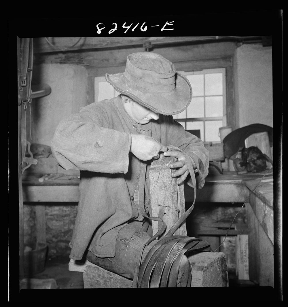 Honey Brook, Pennsylvania (vicinity). Amish farmhand mending harness on the Zook farm. Sourced from the Library of Congress.
