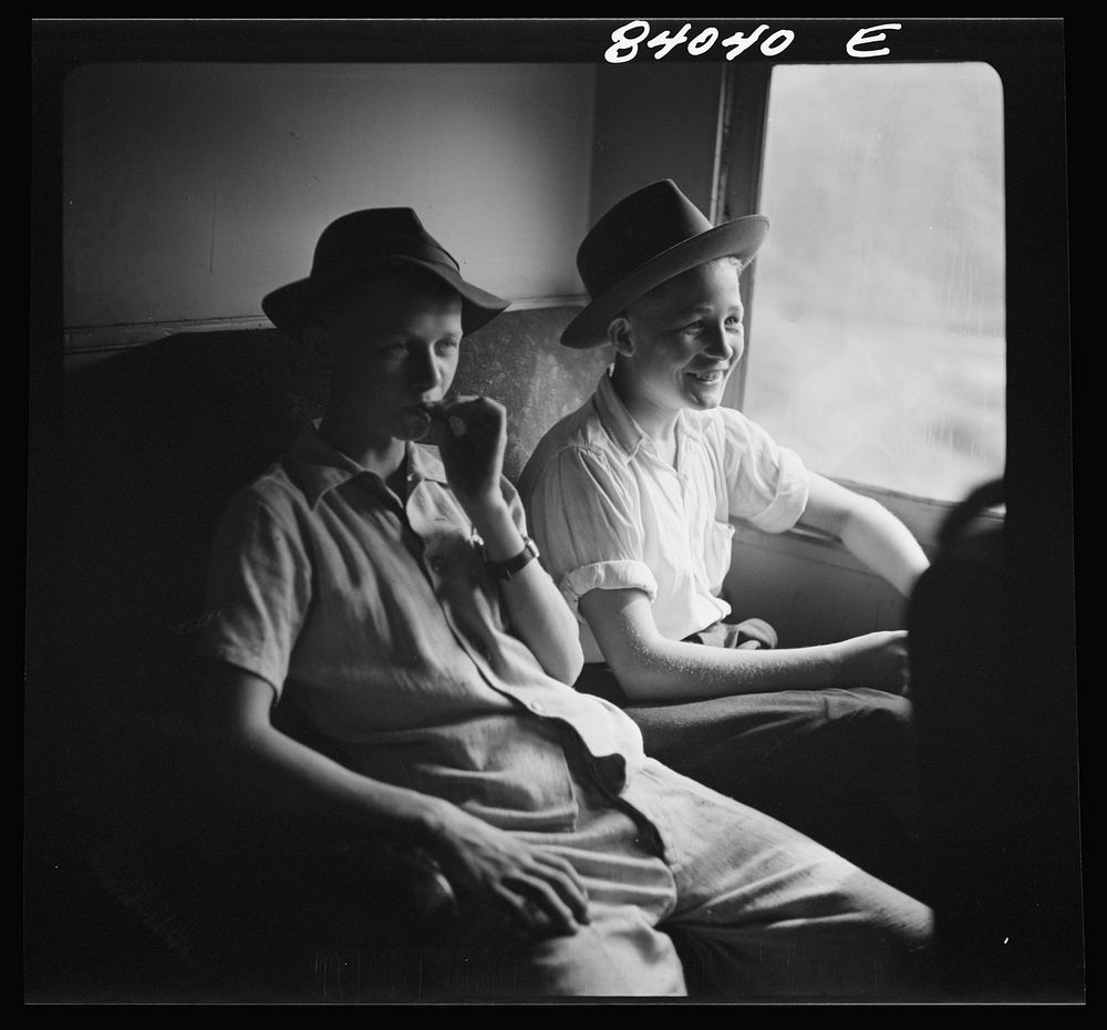 Boys en route to upper New York state from Richwood, West Virginia to work in the harvest. Sourced from the Library of…