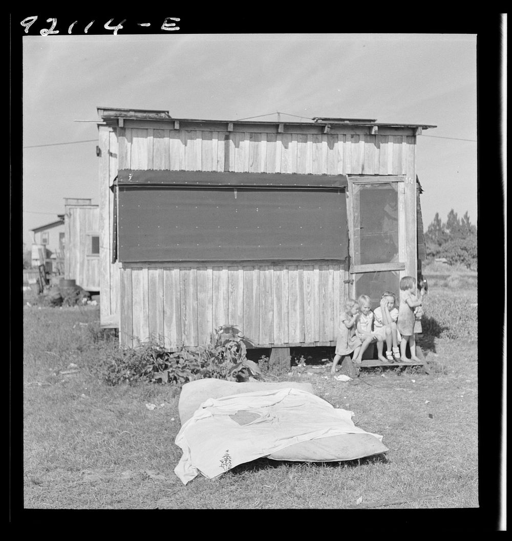 [Untitled photo, possibly related to: Migratory laborers' camp. Single-room cabin costs two dollars and fifty cents, double…