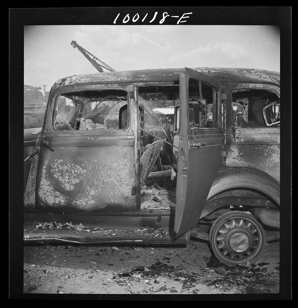Washington, D.C. Scrap salvage campaign, Victory Program. Metal skelton of an old car which has been burned in order to get…