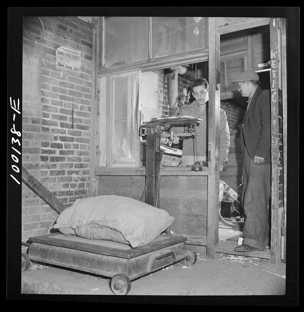 Washington, D.C. Scrap salvage campaign, Victory Program. Weighing scrap brought to sell to a retail junk dealer. Sourced…