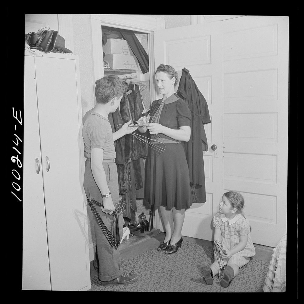 Washington, D.C. Scrap salvage campaign, Victory Program. This mother has found in her closet some metal hangers, which her…