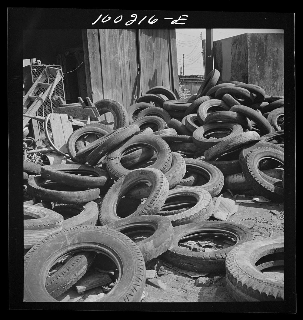 Washington, D.C. Scrap salvage campaign, Victory Program. Old tires in yard of wholesale junk company. Sourced from the…